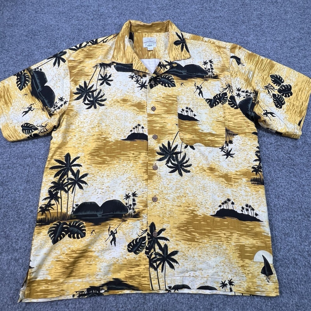 Tommy Bahama Hawaiian Shirt Mens L Yellow Black Silk Sunset AOP Camp Beach VTG